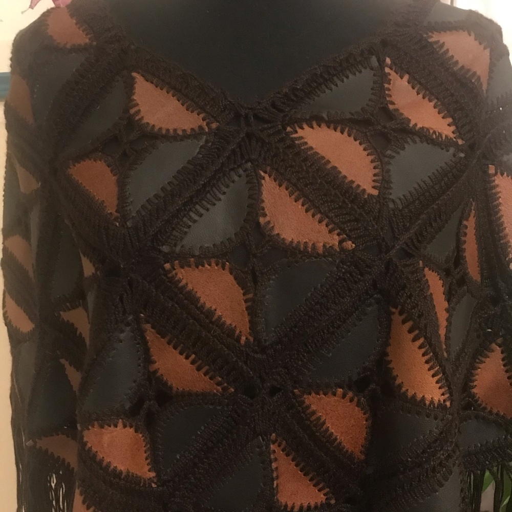 One of a kind crochet and leather poncho - Picture 4 of 5